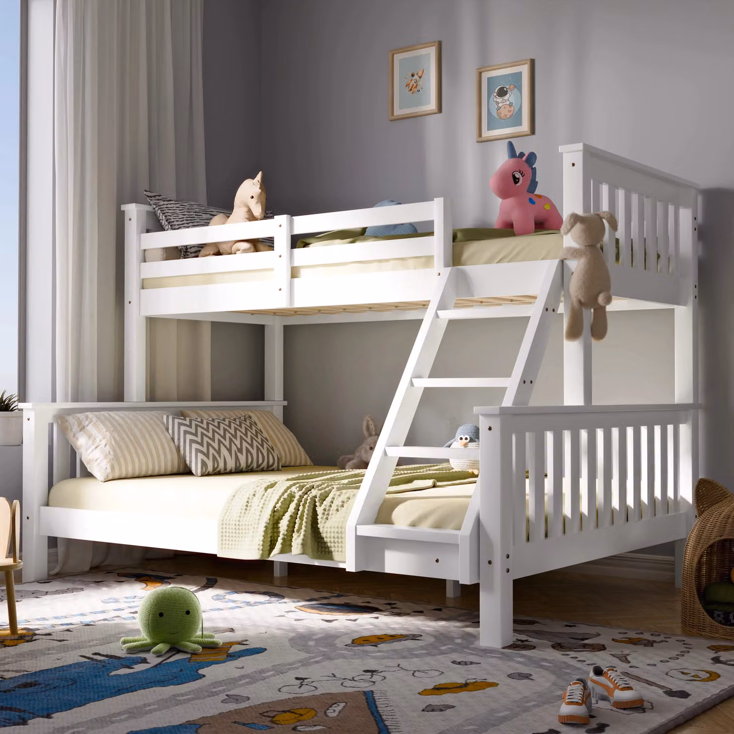 DHS White Lacquered Solid Pine Triple Bunk Bed for Kids and Adults