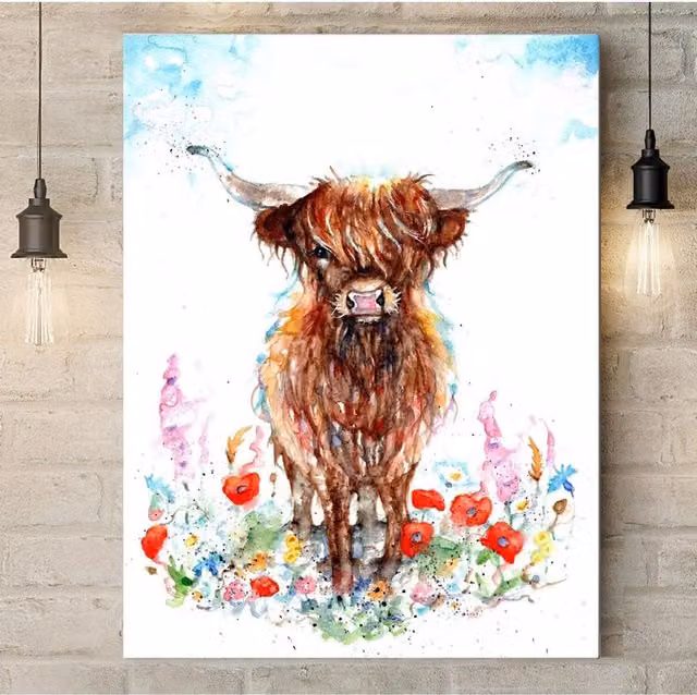 BebesArts Highland Cow in the Meadow Canvas Painting Reproduction, Multicolour, W: 81.28 cm, H: 60.96 cm