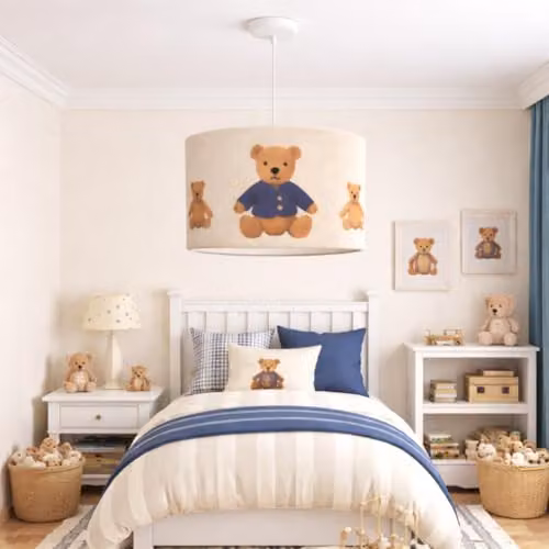 CGC Lighting Blake Round Drum Childrens Fabric Lampshade in Blue and Beige, Diameter: 30 cm – 4