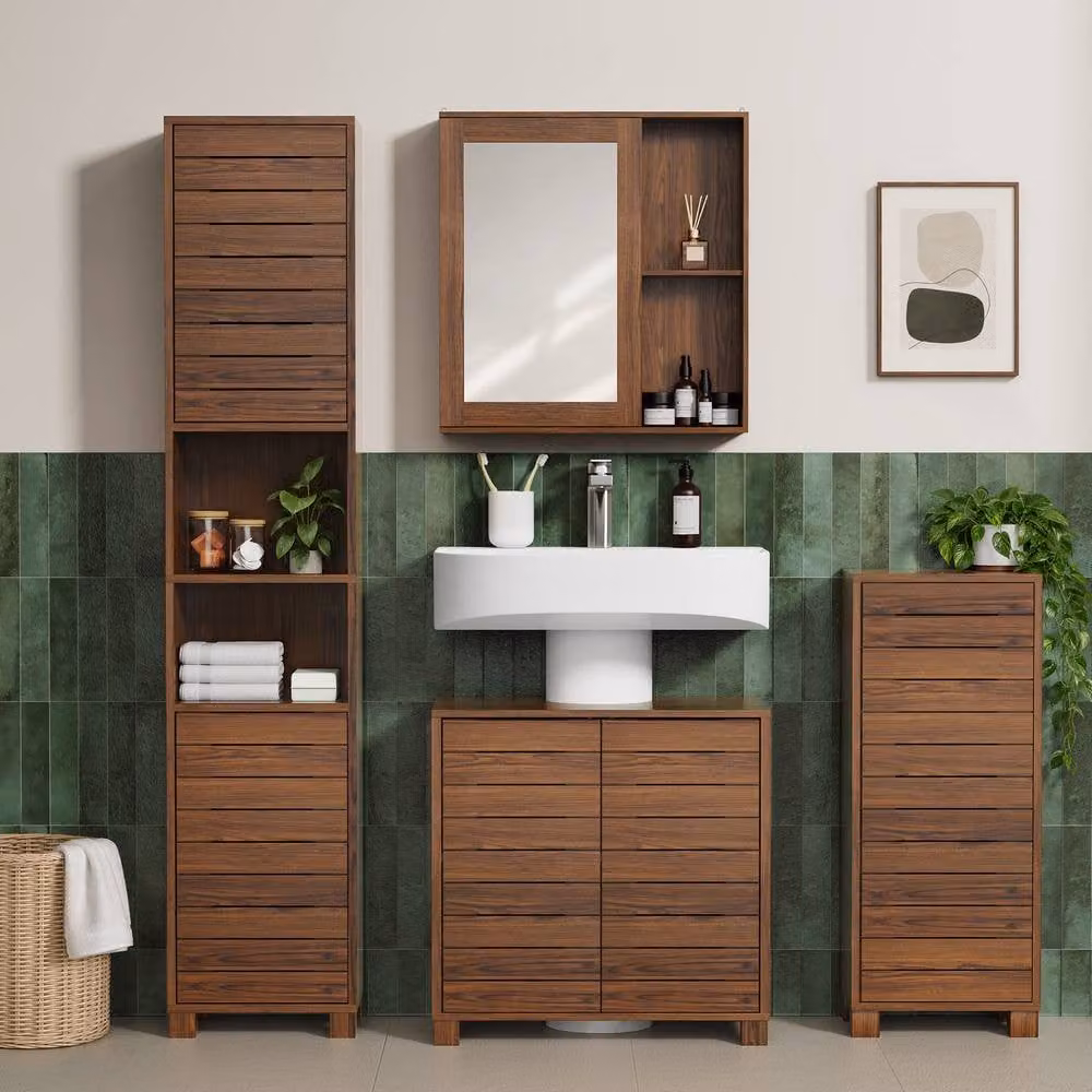 VonHaus Chester Wall Mounted Bathroom Mirror Cabinet in Dark Brown with Hinged Doors and Internal Shelves – 5