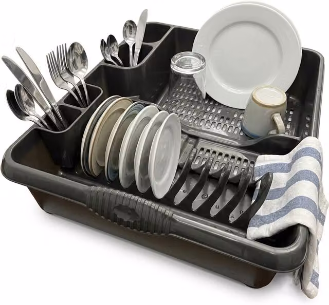 Storm Trading Group Set of 2 Black Large Rectangular Plastic Dish Drainer Counter Racks with Integral Handles and Cutlery Holder