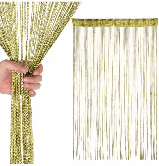Neel Blue Glitter String Curtain Panel in Ivory and Green, W: 100 cm, H: 200 cm – 1