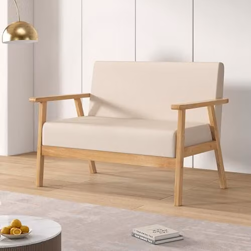 mcc direct 2 Seater Linen Fabric Upholstered Sofa in Beige with Solid Wood Frame