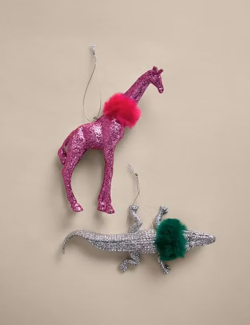 M&S 2 Pack Multicolour Glitter Animal Hanging Christmas Decorations