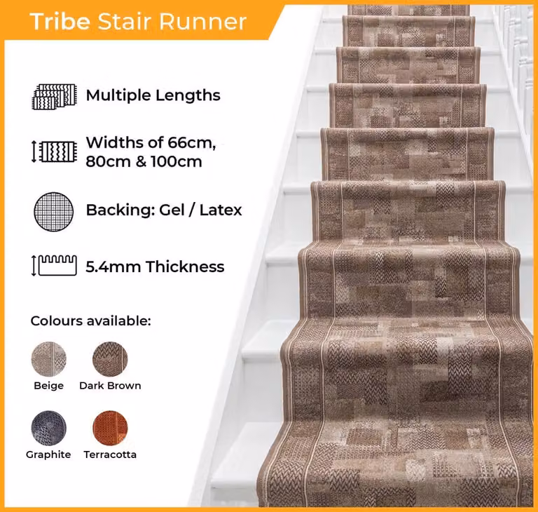 runrug Tribe Stair Runner Carpet in Beige, W: 80 cm, L: 540 cm