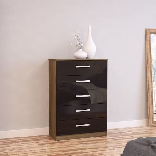 Birlea Modern Glossy MDF Bedroom Chest in Black, Silver, White, Grey, and Brown