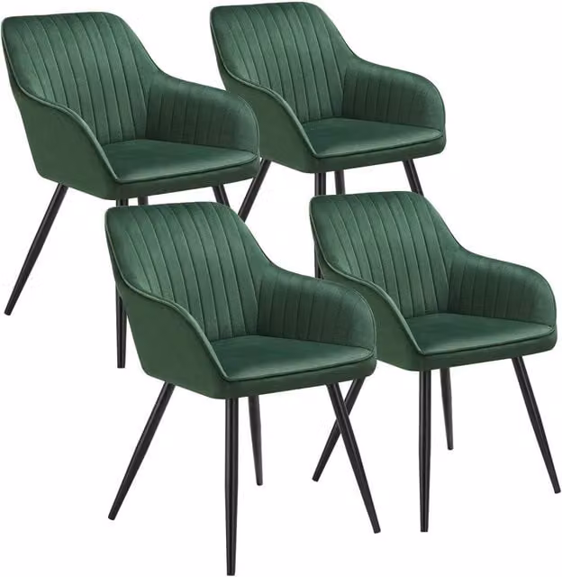 tectake Marilyn Set of 4 Dining Chairs in Dark Green and Black Velvet with Armrests – 1