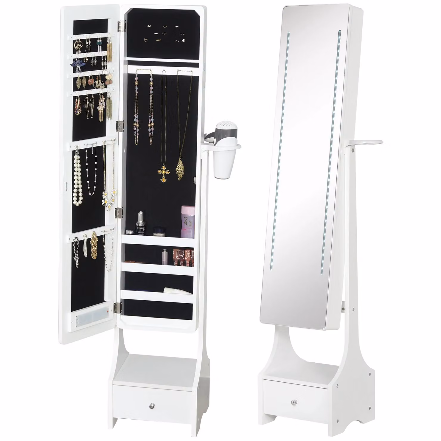 HOMCOM Freestanding Jewellery Cabinet with LED Mirror and Internal Shelves, White, H: 158.0 cm x W: 37.0 cm – 2