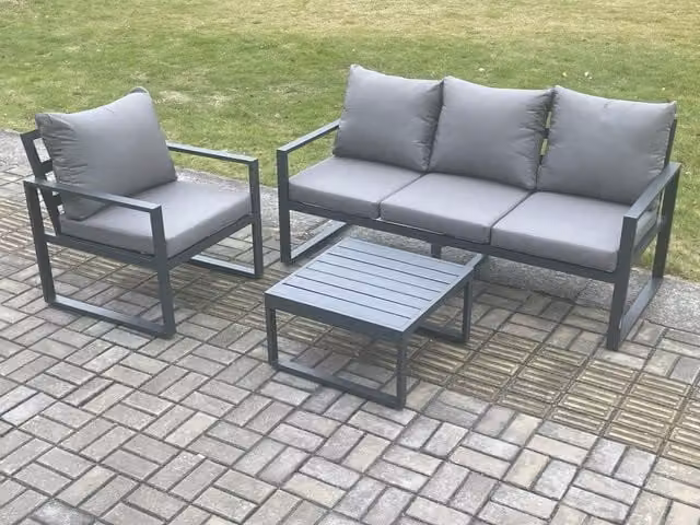 Fimous Modern Aluminium Outdoor Garden Furniture Set in Anthracite Grey with 3-Seater Sofa, Armchairs, Coffee Table and Upholstered Cushions