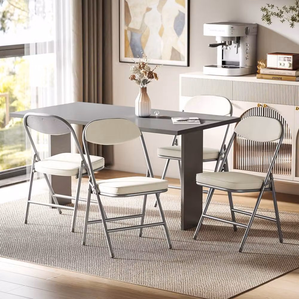 STILVORA Set of 4 White Corduroy Upholstered Folding Chairs with Metal Frame – 2