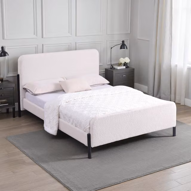 SlumberWorx Modern Upholstered Bouclé Fabric Bed Frame, White, W: 140 cm, L: 200 cm