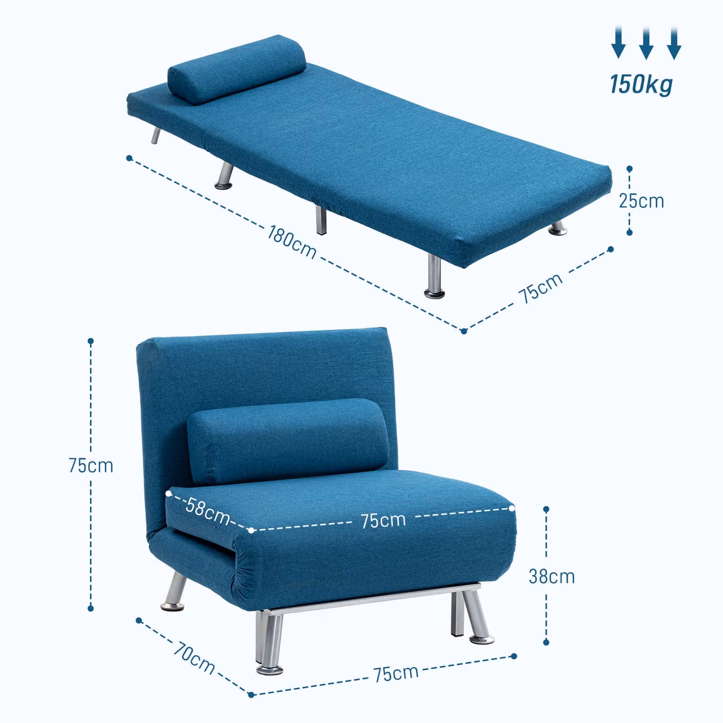 HOMCOM Single Sofa Bed with Pillow, Blue Cat Scratch Resistant Fabric Foldable Lounge Sleeper – 3