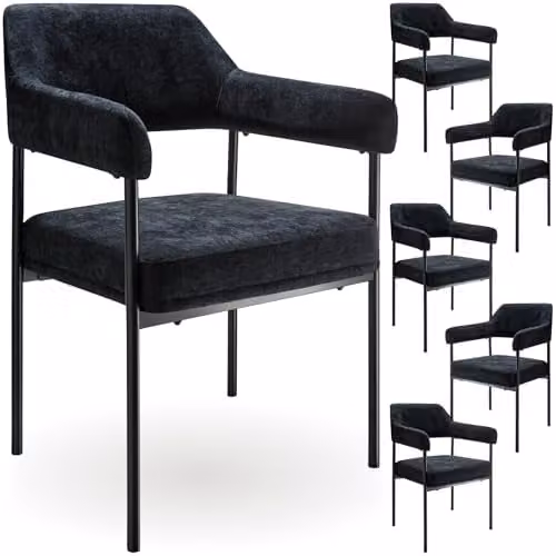 tectake Set of 6 Doe Armchairs in Black Woven Fabric with Metal Legs