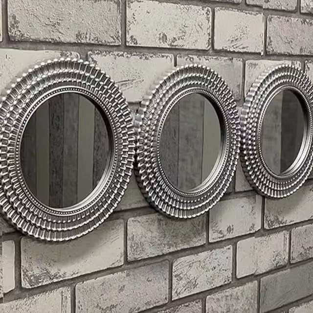 DEENZ Set of 3 Silver Moroccan Art Round Geometric Wall Mirrors, Diameter: 25.5 cm