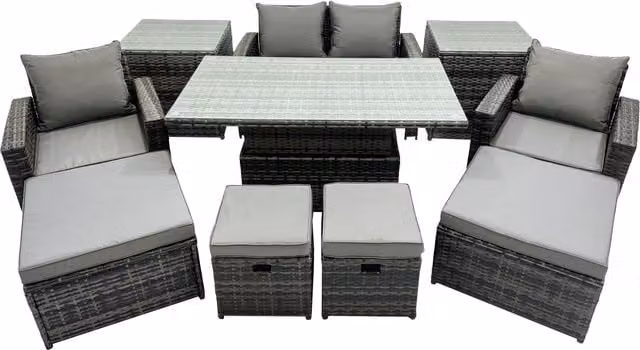 Fimous 8-Seat Outdoor Rattan Love Sofa Set in Grey with Adjustable Lift Table, 4 Stools and 2 Side Tables