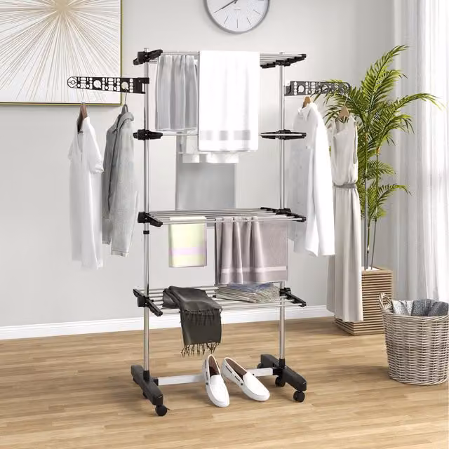 HOMCOM Foldable Clothes Drying Rack with Wing Arms and Wheels, Black, Height: 172 cm