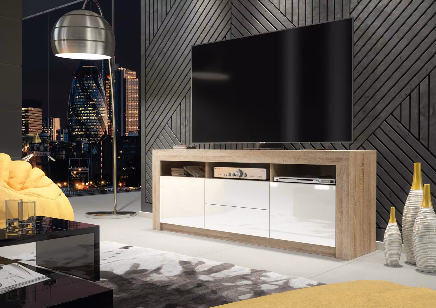 Creative Furniture Modern TV Unit in Oak with High Gloss White Doors, W: 160 cm, H: 60 cm, D: 35 cm – 2