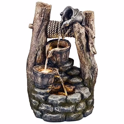 Clifford James Serenity Cascading Buckets Wishing Well Water Feature with LED Light, Height: 48.5 cm