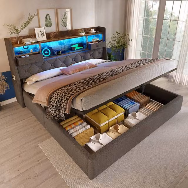 Merax Grey Upholstered Double Storage Bed with LED Headboard and USB Charging Port W/D/H: 135 x 190 x 116 cm – 1
