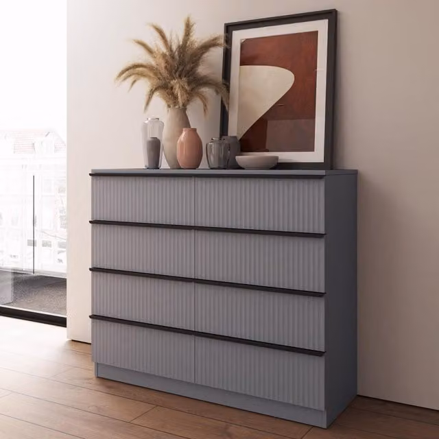 FWStyle Matt Grey 8 Drawer Chest with Scalloped Ripple Design