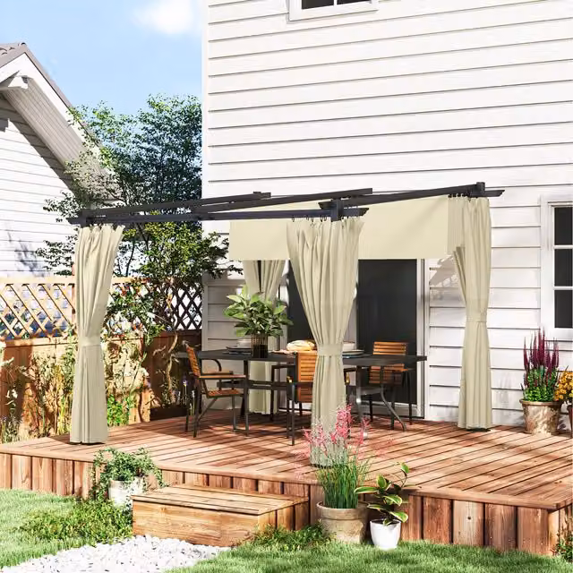 Outsunny Beige Outdoor Pergola with Retractable Roof and Sidewalls, W/D: 300 x 300 cm