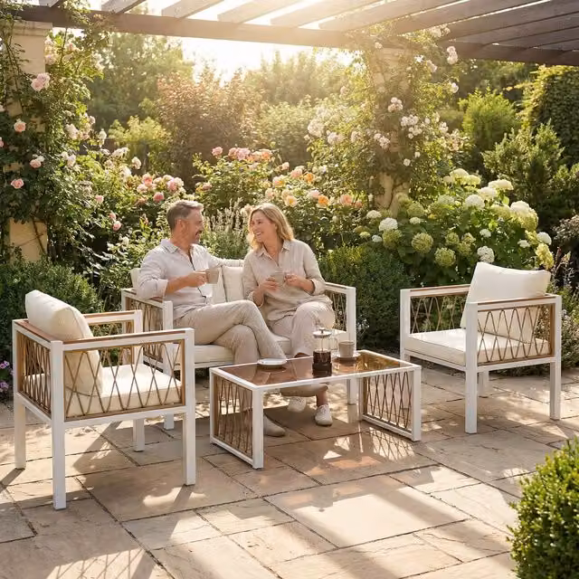 Outsunny 4 Piece Modern White Glossy Rattan Garden Furniture Set with Cushions