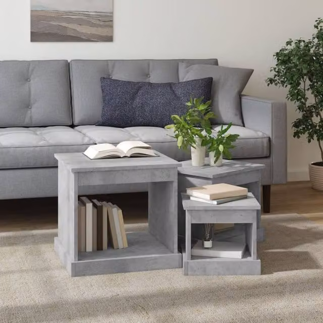 Berkfield Home Nesting Tables, 3 Piece Set in Concrete Grey, Modern Square MDF Design – 1