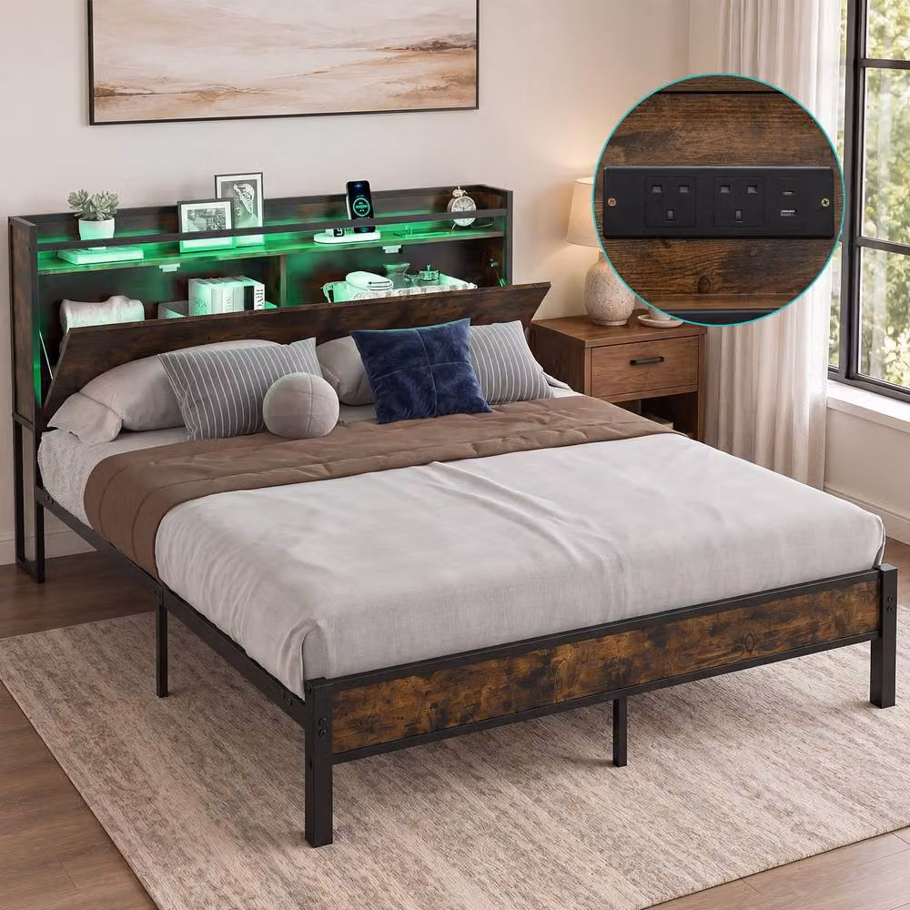 Costway King Size Metal Bed Frame in Black with LED Lights, USB Charging Port and Side Compartments (180x200 cm) – 8