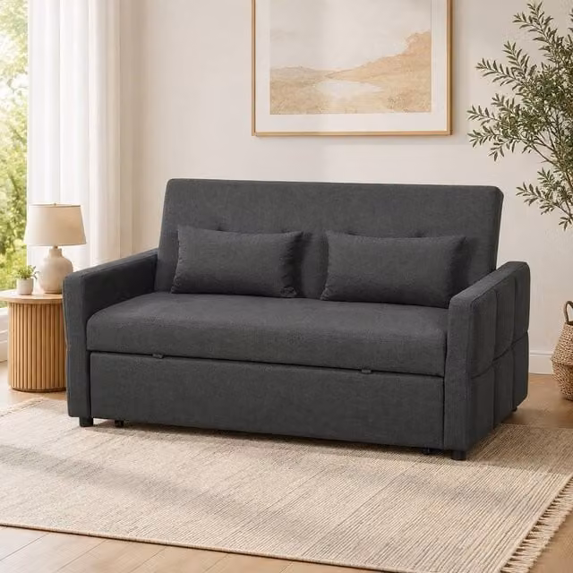 STILVORA Modern Grey Fabric Two-Seater Click-Clack Sofa Bed with Armrests and Castors