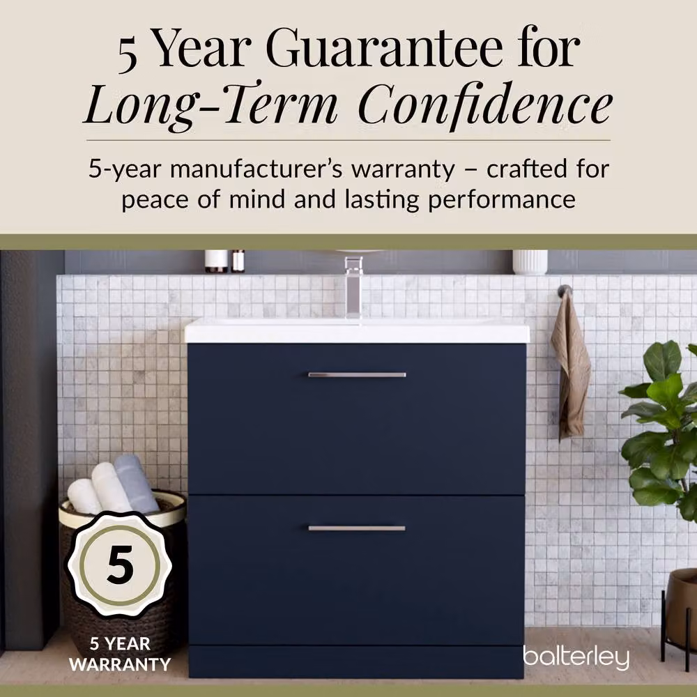 Balterley Contemporary Floor Standing 2 Soft-Close Drawer Bathroom Vanity Unit with Mid-Edge Ceramic Basin, Midnight Blue, W: 80 cm, D: 39 cm, H: 84 cm – 6