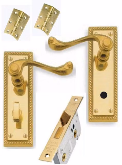 Golden Grace Georgian Door Handle Bathroom Lock Hinge Set in Polished Brass