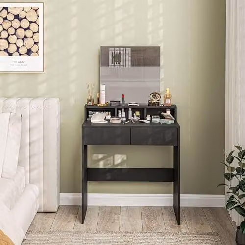 HOMCOM Modern Black Dressing Table with Mirror and 2 Drawers, W: 135 cm, D: 38 cm, H: 75 cm – 5