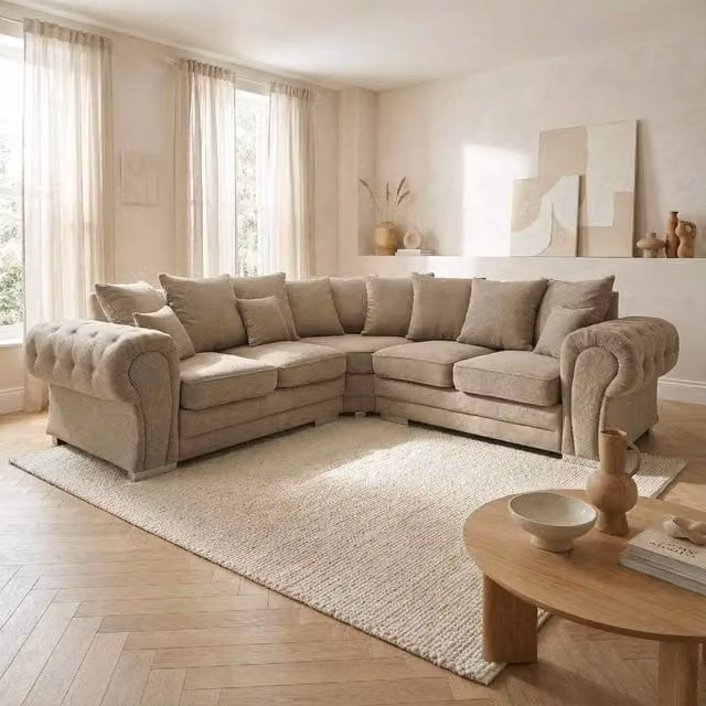 Abakus Direct Verona L-Shape Chesterfield Corner Sofa in Beige with Solid Wood Frame and Scatter Cushions