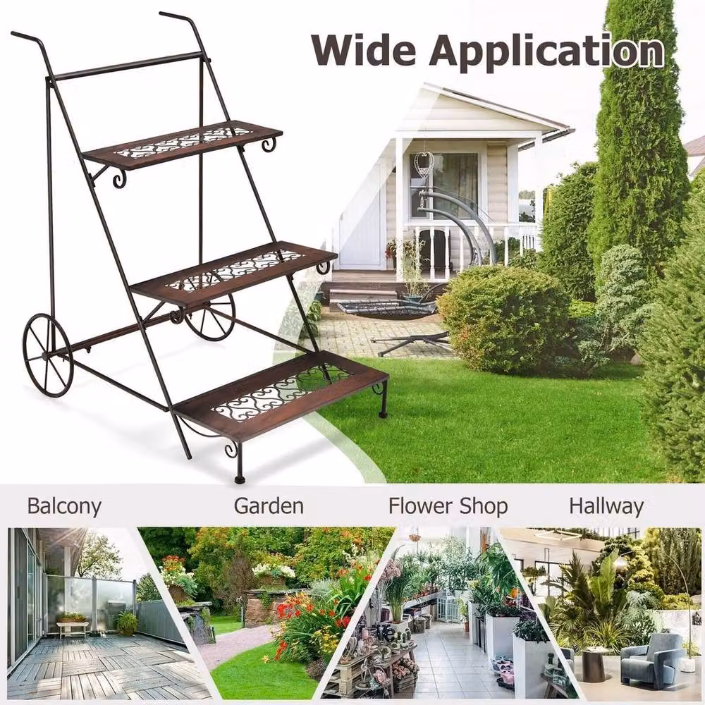 KORVIXA 3-Tier Metal Ladder Plant Stand in Matt Brown, W/D/H: 78 x 34 x 85 cm – 3