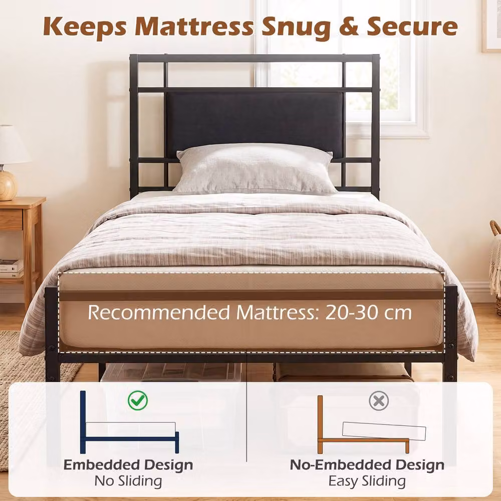 Gymax Single Bed Frame with Upholstered Headboard and Metal Slats, Black, 90 x 200 cm – 9