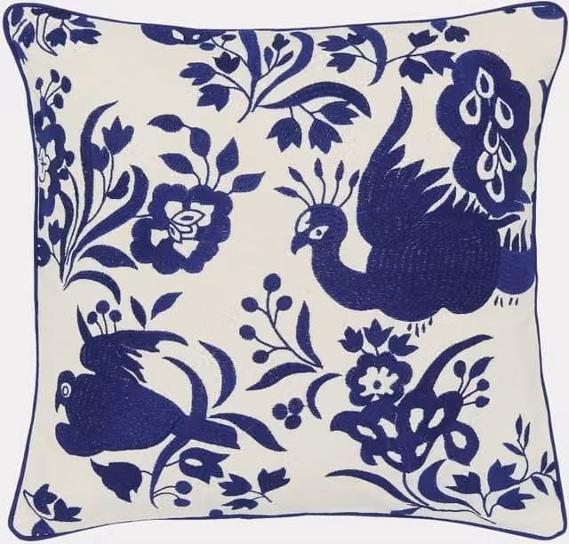 Bedeck of Belfast Burleigh Pure Cotton Calico Embroidered Floral Square Cushion in Navy Mix Blue