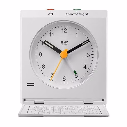 Braun Classic Analogue Travel Alarm Clock with Snooze and Light in White