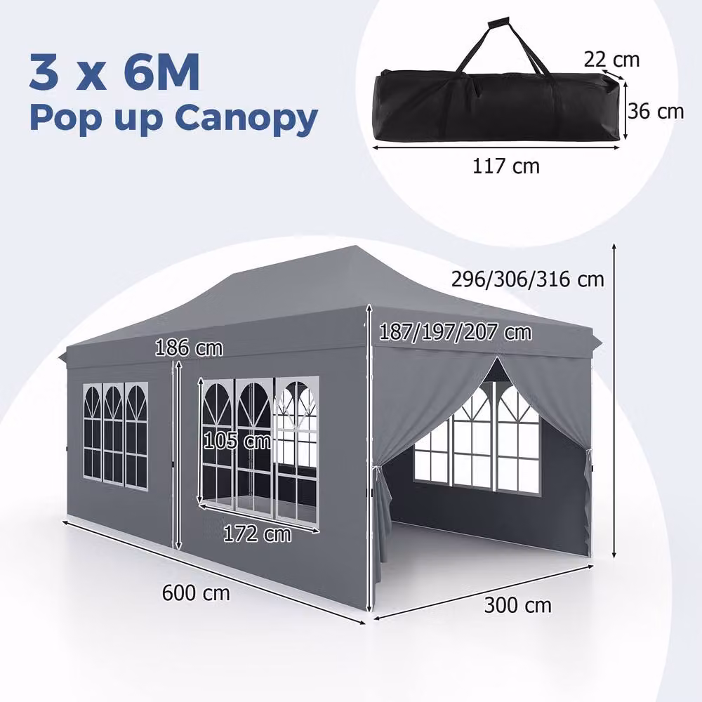 Gymax Portable Instant Pop Up Canopy Gazebo Tent with Windows, Grey, W: 6 m, D: 3 m – 2