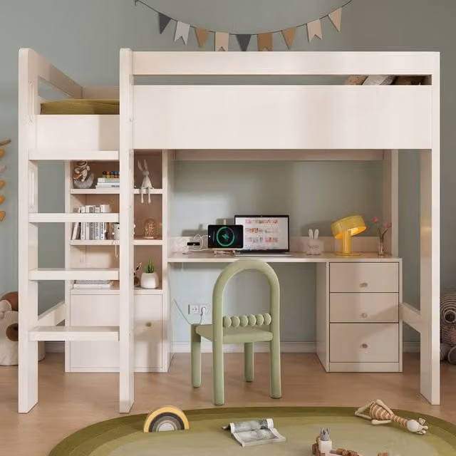 Rolipo White Kids High Sleeper Bed with Desk, Storage and USB Charging Port, Solid Wood, W/D/H: 90 x 190 cm – 1