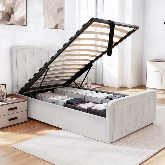 Comfy Living Modern Velvet Ottoman Bed Frame with Lift Up Base in Beige/White, W/D/H: 90 x 190 cm