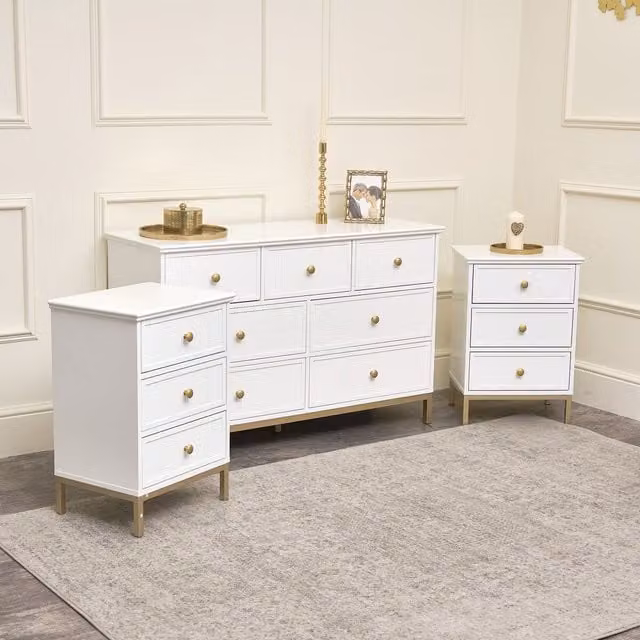 Melody Maison Aisby White Large Chest of Drawers and Pair of Bedside Tables with Gold Details