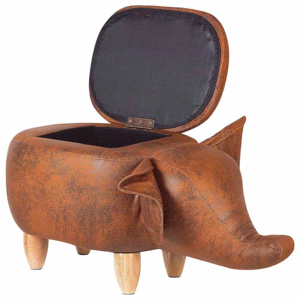 Wyld and Coco Elephant Kids Storage Stool in Brown Faux Leather with Rubberwood Legs – 4