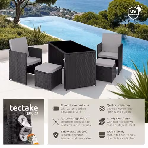 TecTake Rattan Garden Furniture Set with 2 Lounge Armchairs, 2 Ottomans and 1 Coffee Table with Glass Top, Black and Grey – 2