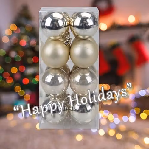 VFM e-Store Set of 16 Round Christmas Bauble Hanging Tree Ornaments in Champagne Gold and Beige, 5 cm – 5