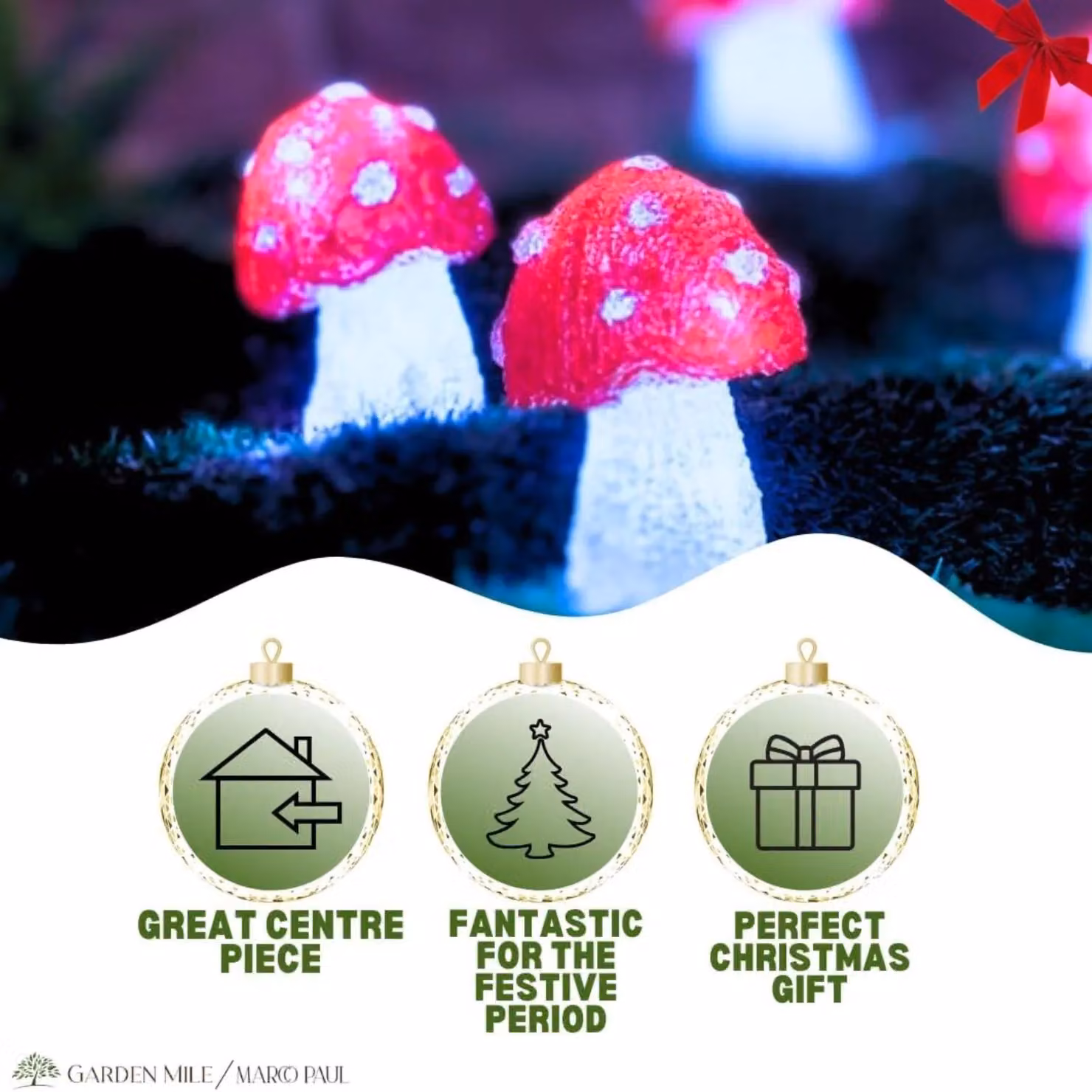 Marco Paul Pack of 5 Red and White Acrylic Mushroom LED Garden Lights, Battery Powered – 5
