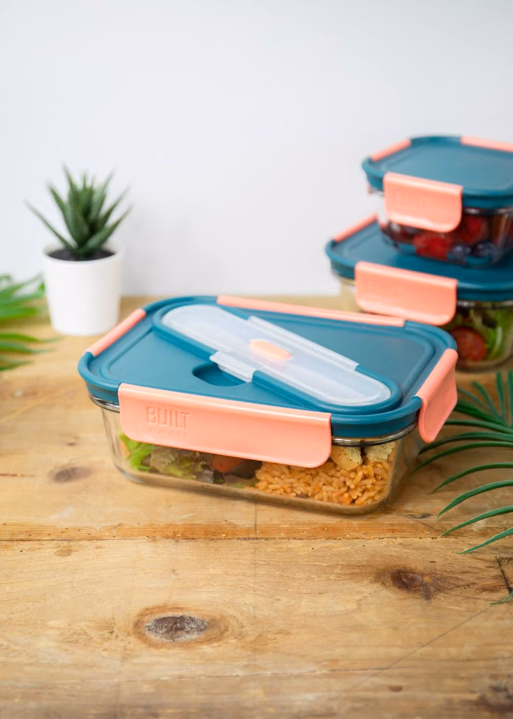 Built NY Tropics Glass Lunch Box with Cutlery Set, 900ml, Pink and Transparent, Leakproof and Airtight Food Storage Container – 3