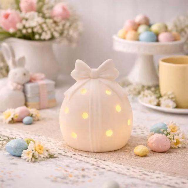 Eggs-traordinary Gift Co. Small White Ceramic LED Egg Ornament for Easter and Spring Decor