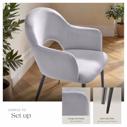 tectake Set of 6 Velvet Look Dining Chairs with Curved Backrests and Steel Legs in Light Grey, W/D/H: 57 x 61.5 x 87.5 cm – 4