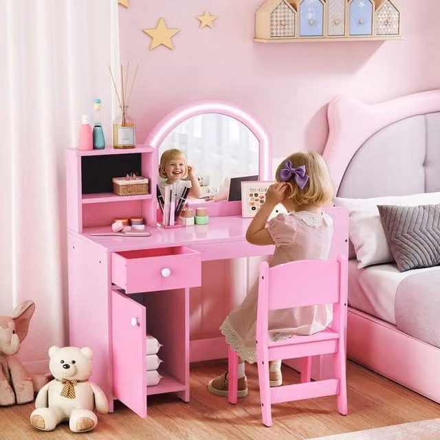 AIYAPLAY Kids Vanity Table and Chair Set with LED Mirror, Pink