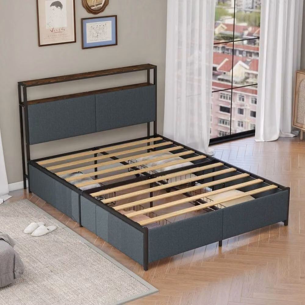 FLAVORA Metal Bed Frame with Headboard and Drawers in Grey – 2